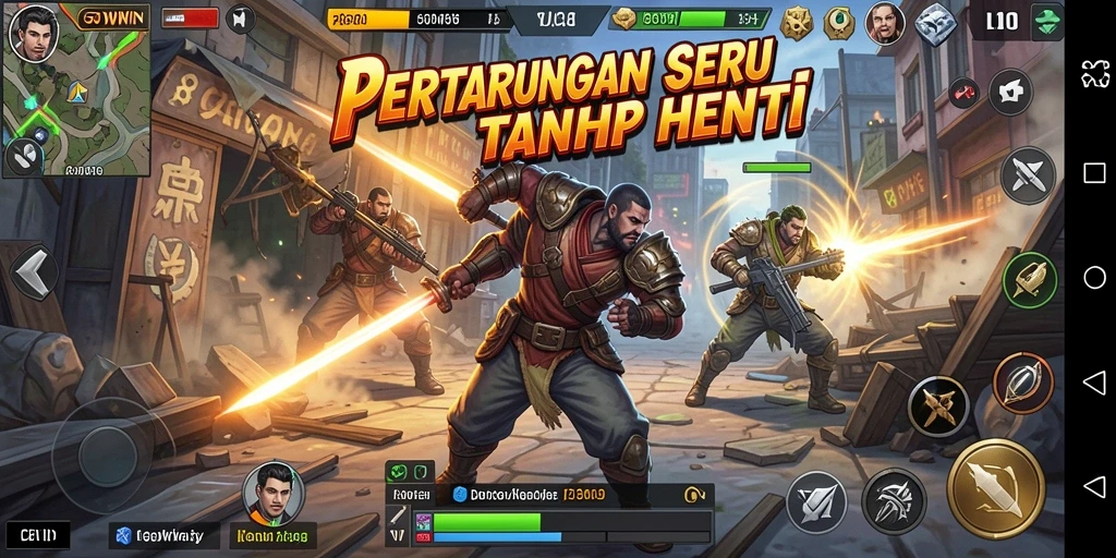 Screenshot gameplay GOWIN menampilkan aksi bertarung yang intens dan mendebarkan.